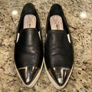 Miu Miu Black Leather Slip-On Flats with Silver Toe Cap